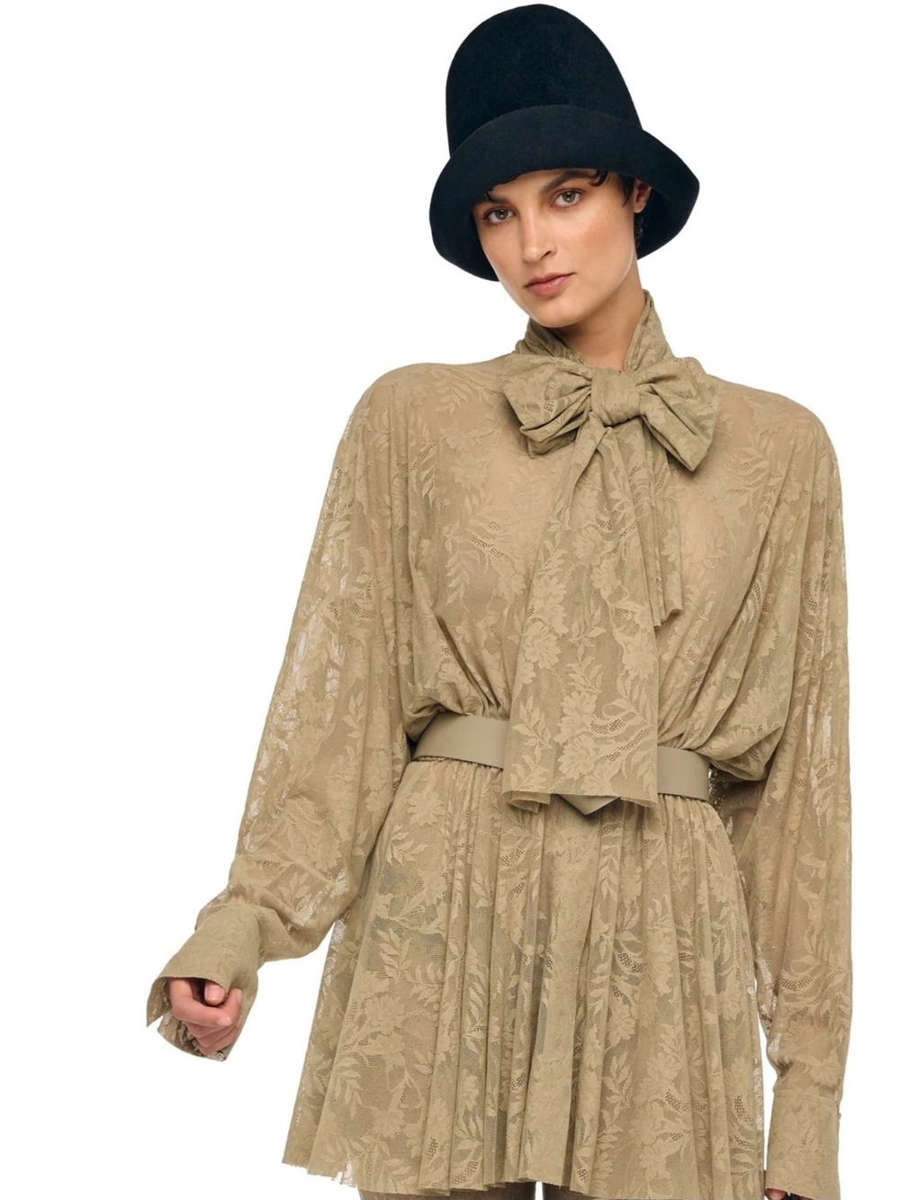 Norma Kamali Khaki Lace Bow-Neck Long Sleeve Dress SUPER OS BF NK SHIRT FLARED